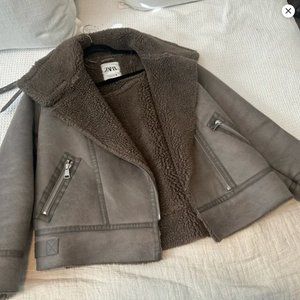 Zara faux leather shearling fur biker teddy jacket aviator coat
